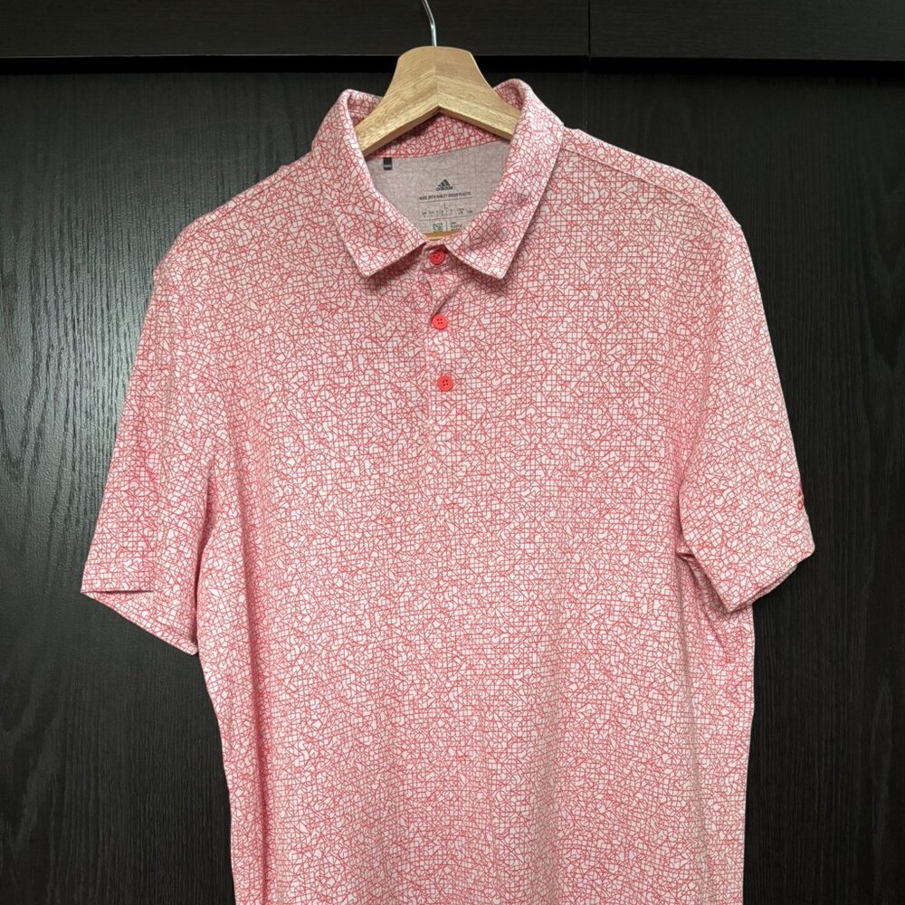Adidas Golf Polo Shirt Men’s Large Melon Color & White Allover Print Parley